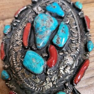 Turquoise and Coral sterling silver bolo